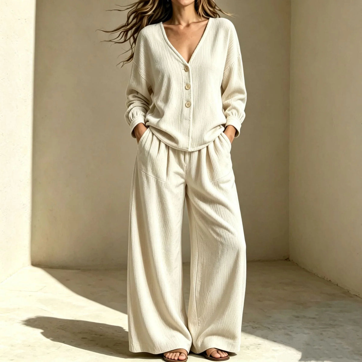 Women's Corduroy Autumn Two-Piece Set | Casual Buttoned Wide-Leg Lounge Suit