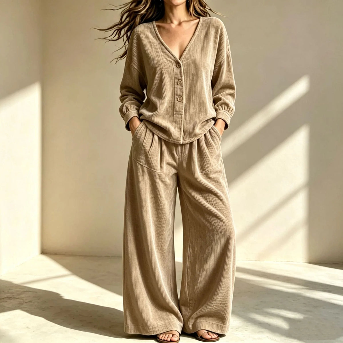 Women's Corduroy Autumn Two-Piece Set | Casual Buttoned Wide-Leg Lounge Suit