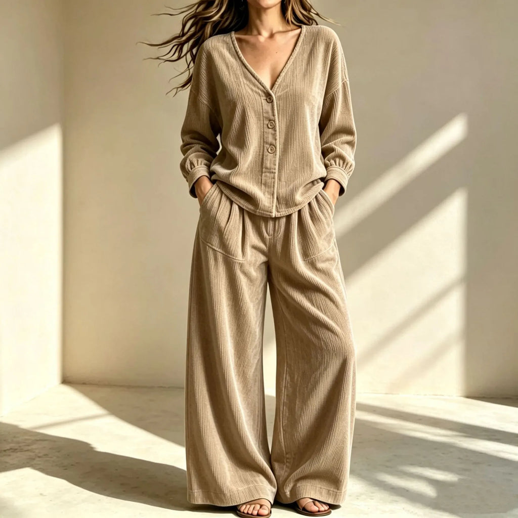 Women's Corduroy Autumn Two-Piece Set | Casual Buttoned Wide-Leg Lounge Suit