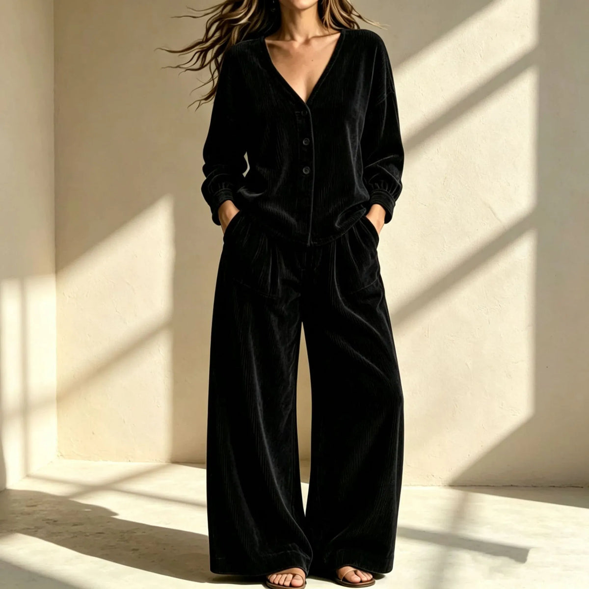 Women's Corduroy Autumn Two-Piece Set | Casual Buttoned Wide-Leg Lounge Suit
