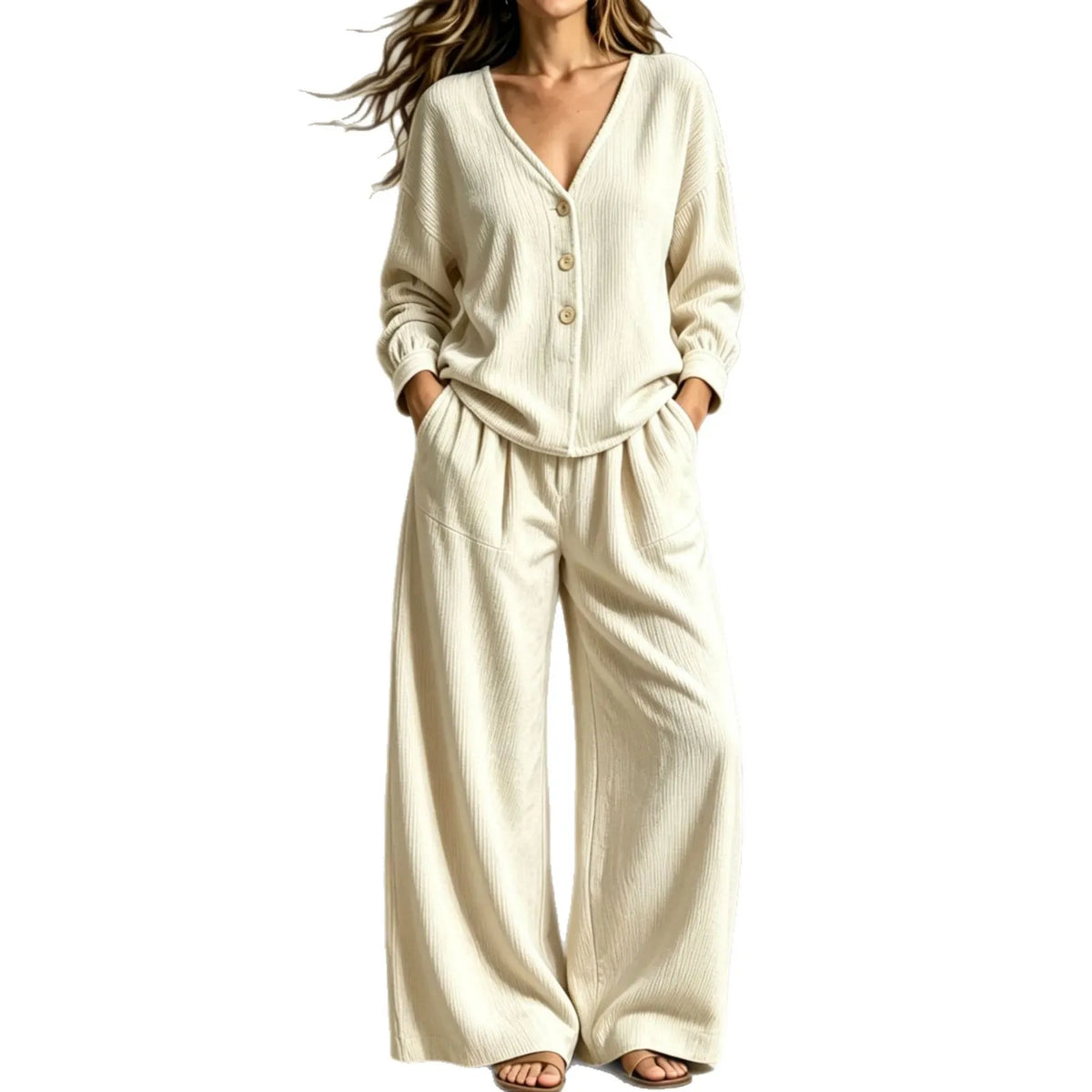 Women's Corduroy Autumn Two-Piece Set | Casual Buttoned Wide-Leg Lounge Suit