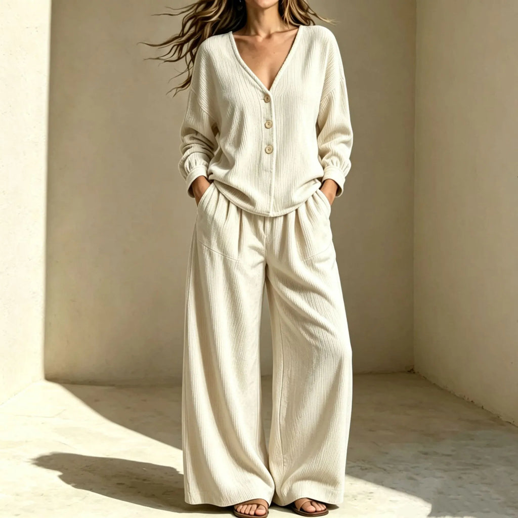 Women's Corduroy Autumn Two-Piece Set | Casual Buttoned Wide-Leg Lounge Suit