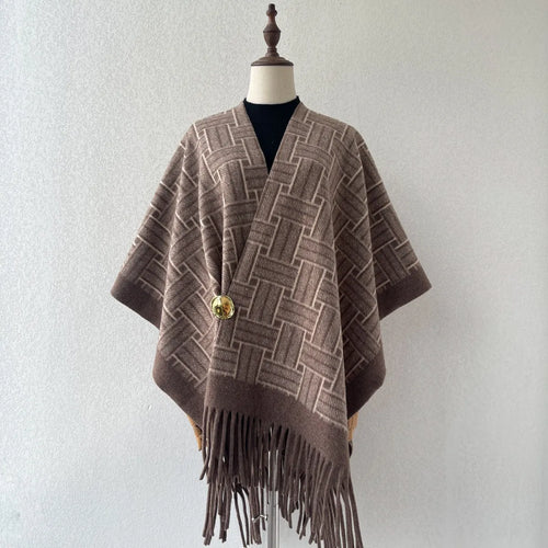 Women's Faux Cashmere Cape Shawl | Fringe Tassel Drape Wrap