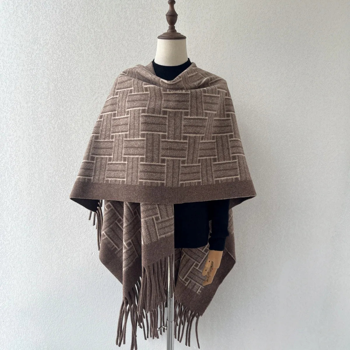 Women's Faux Cashmere Cape Shawl | Fringe Tassel Drape Wrap