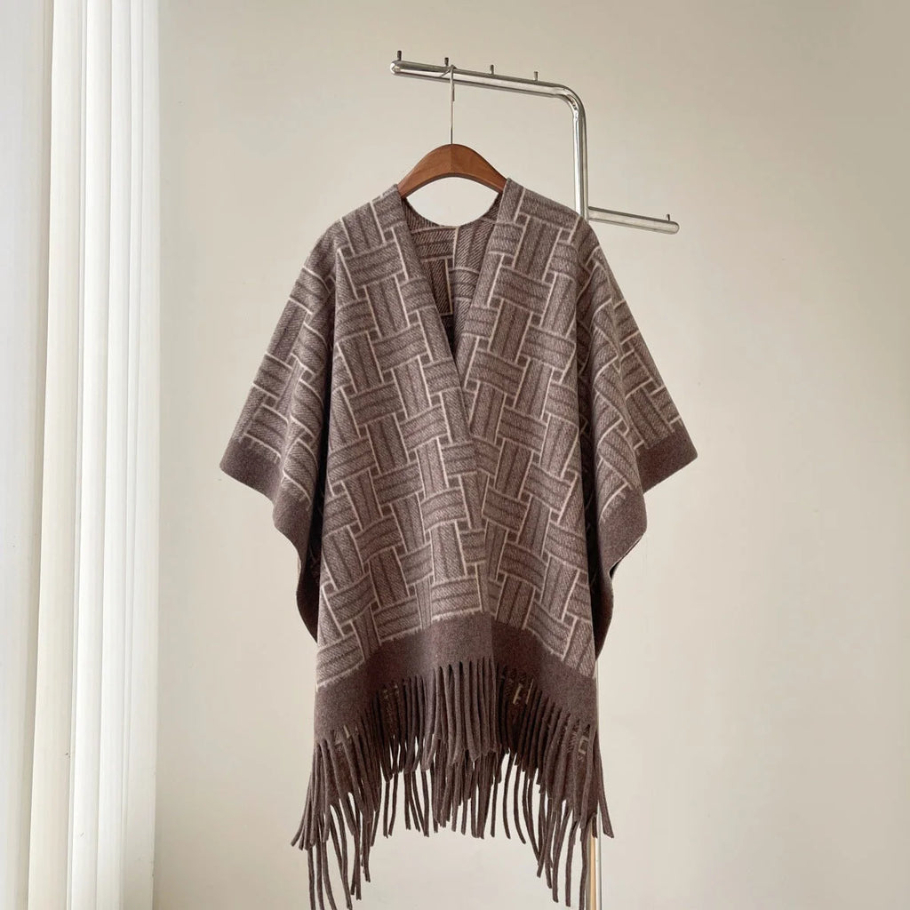 Women's Faux Cashmere Cape Shawl | Fringe Tassel Drape Wrap