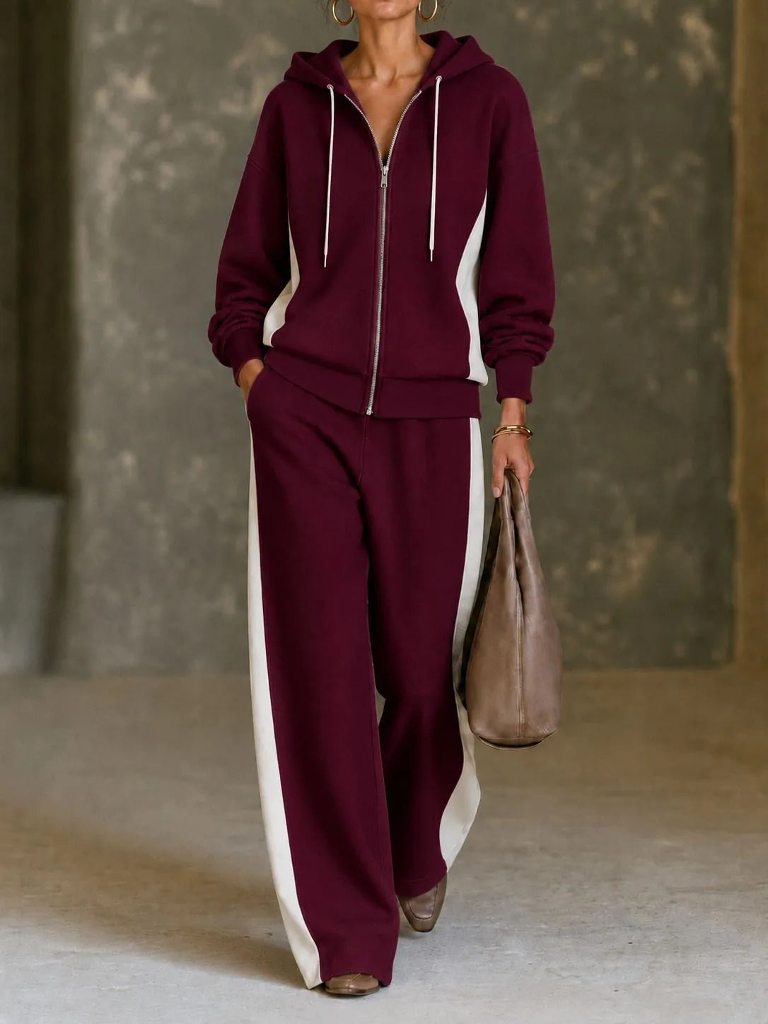 Women's Fleece Autumn Sweatsuit | Casual Zip-Up Wide-Leg Loungewear Set