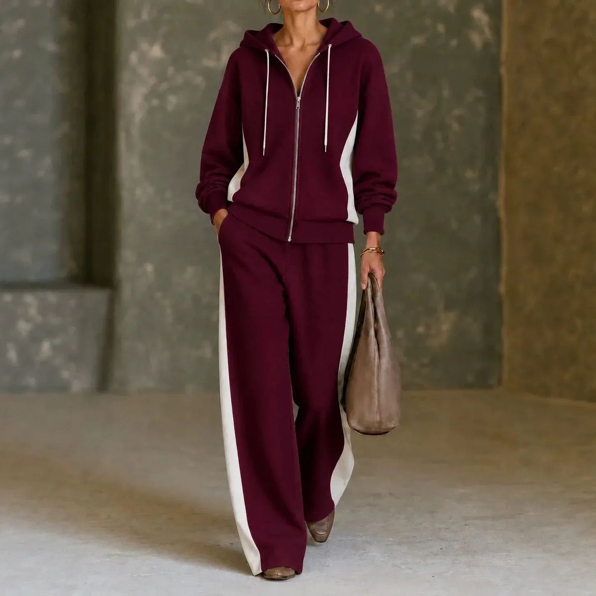 Women's Fleece Autumn Sweatsuit | Casual Zip-Up Wide-Leg Loungewear Set