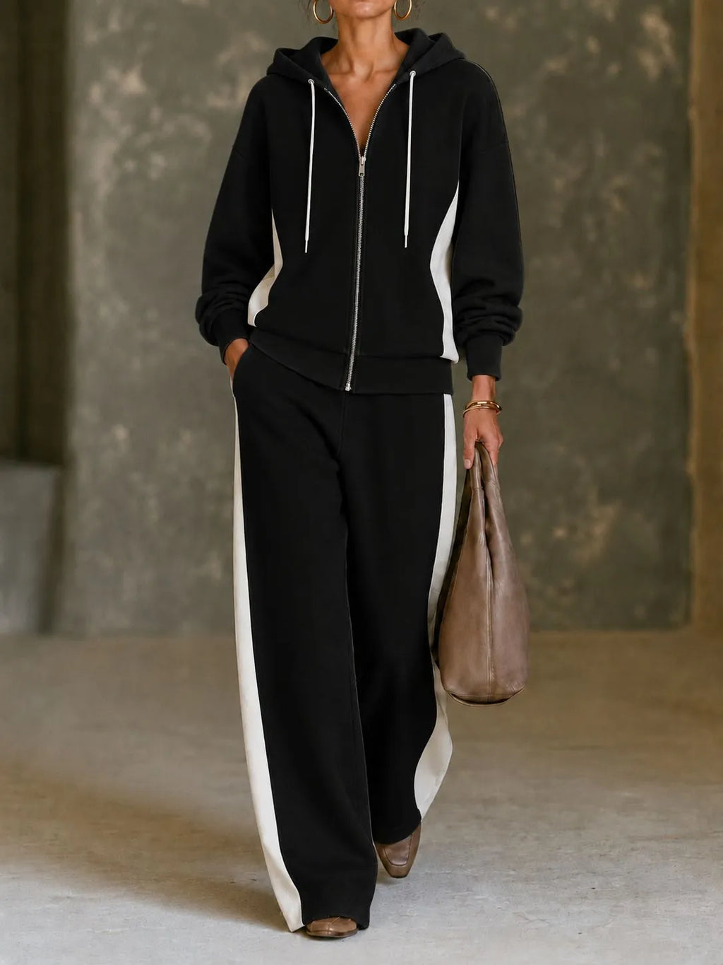 Women's Fleece Autumn Sweatsuit | Casual Zip-Up Wide-Leg Loungewear Set