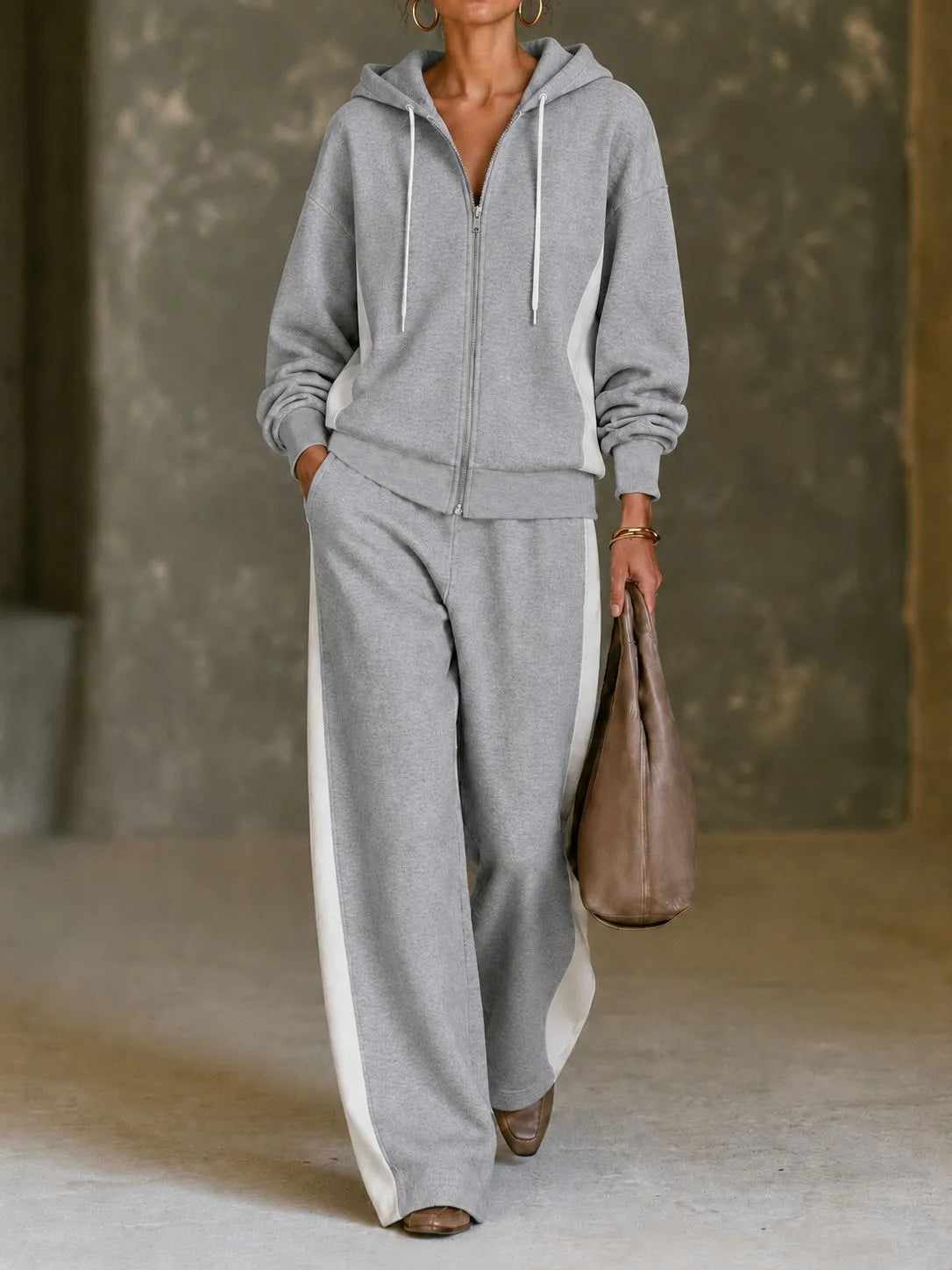 Women's Fleece Autumn Sweatsuit | Casual Zip-Up Wide-Leg Loungewear Set