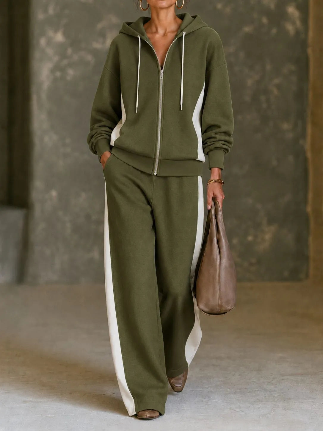 Women's Fleece Autumn Sweatsuit | Casual Zip-Up Wide-Leg Loungewear Set