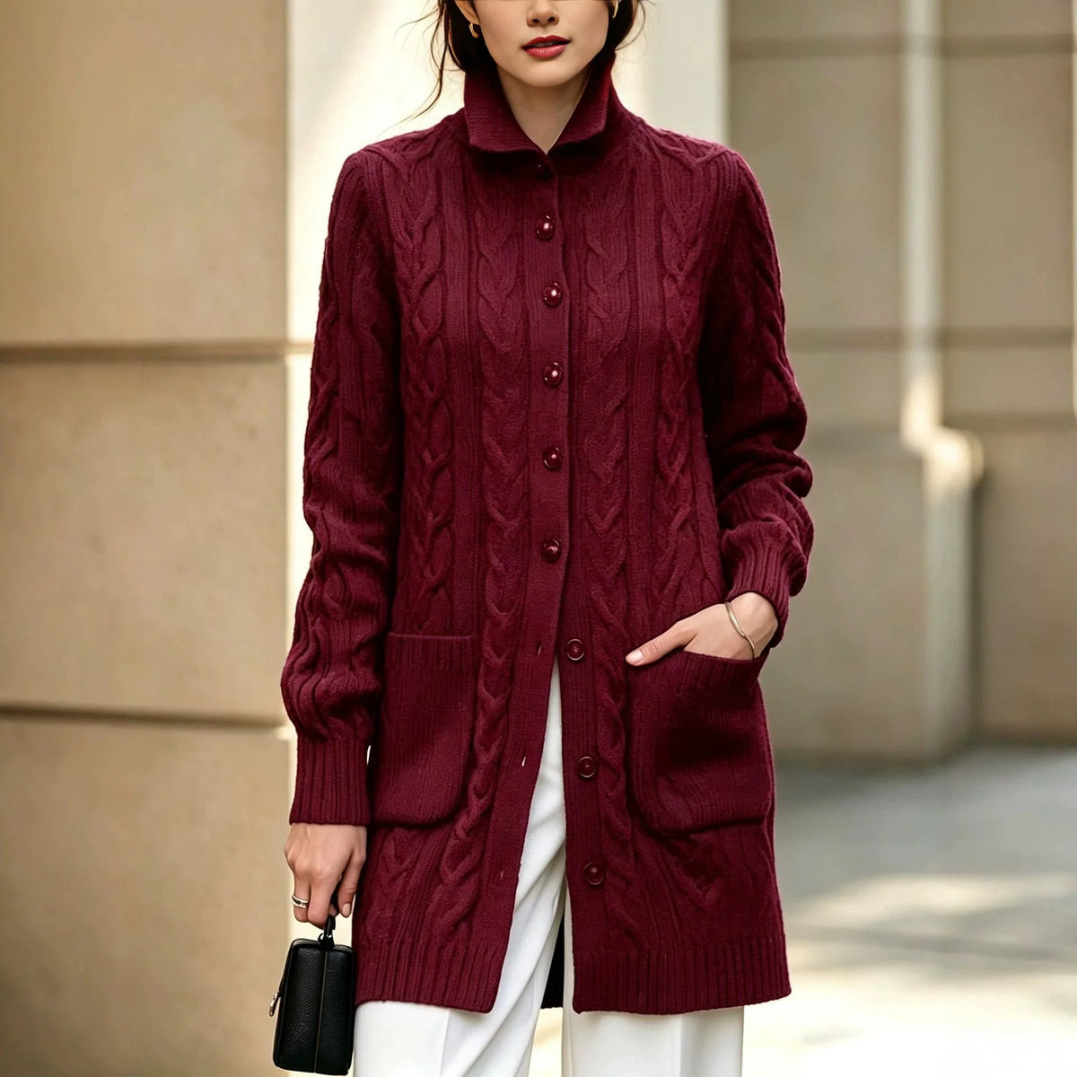 Women's Knit Cable Long Cardigan | Button Stand Collar Sweater