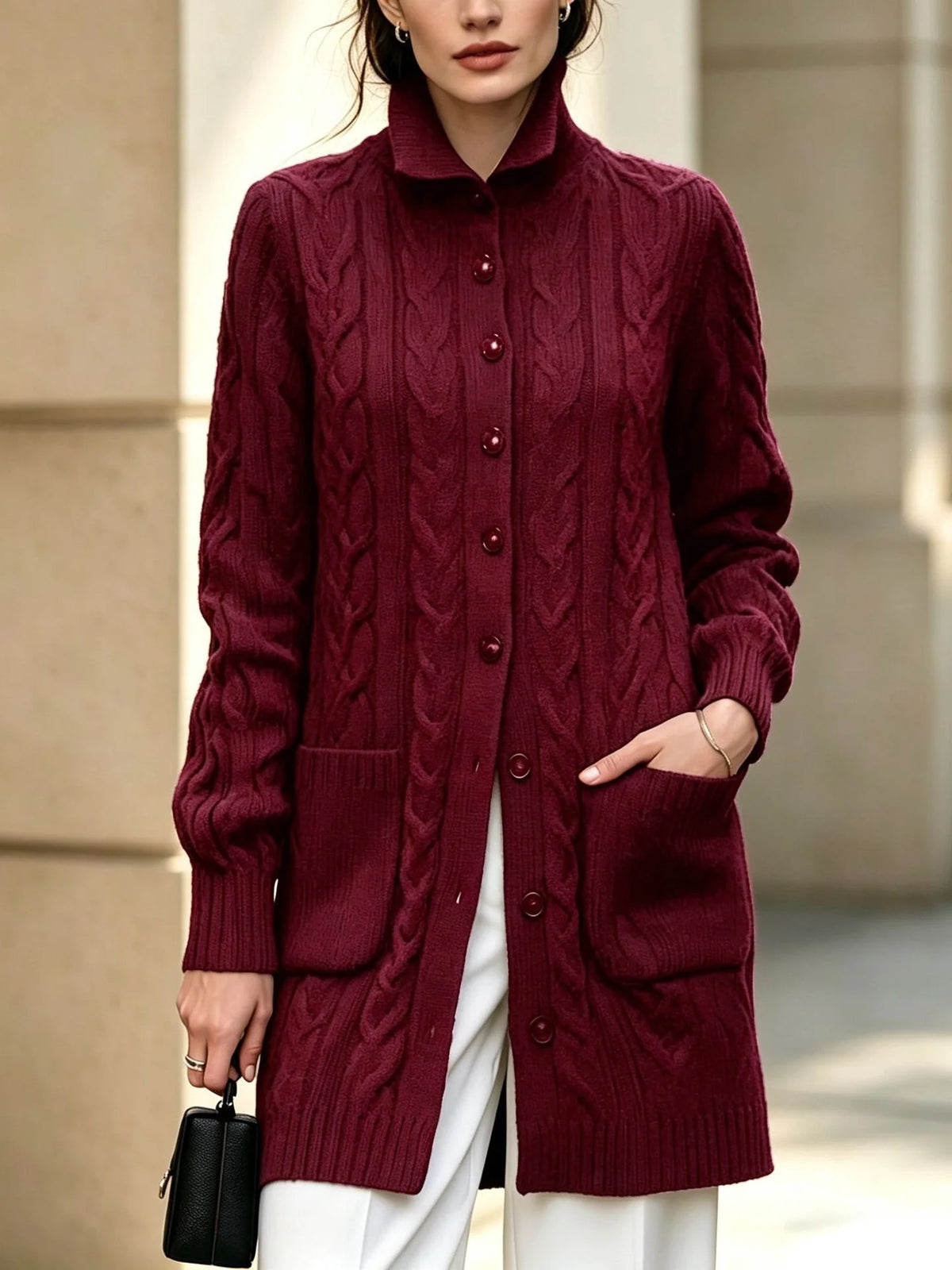 Women's Knit Cable Long Cardigan | Button Stand Collar Sweater