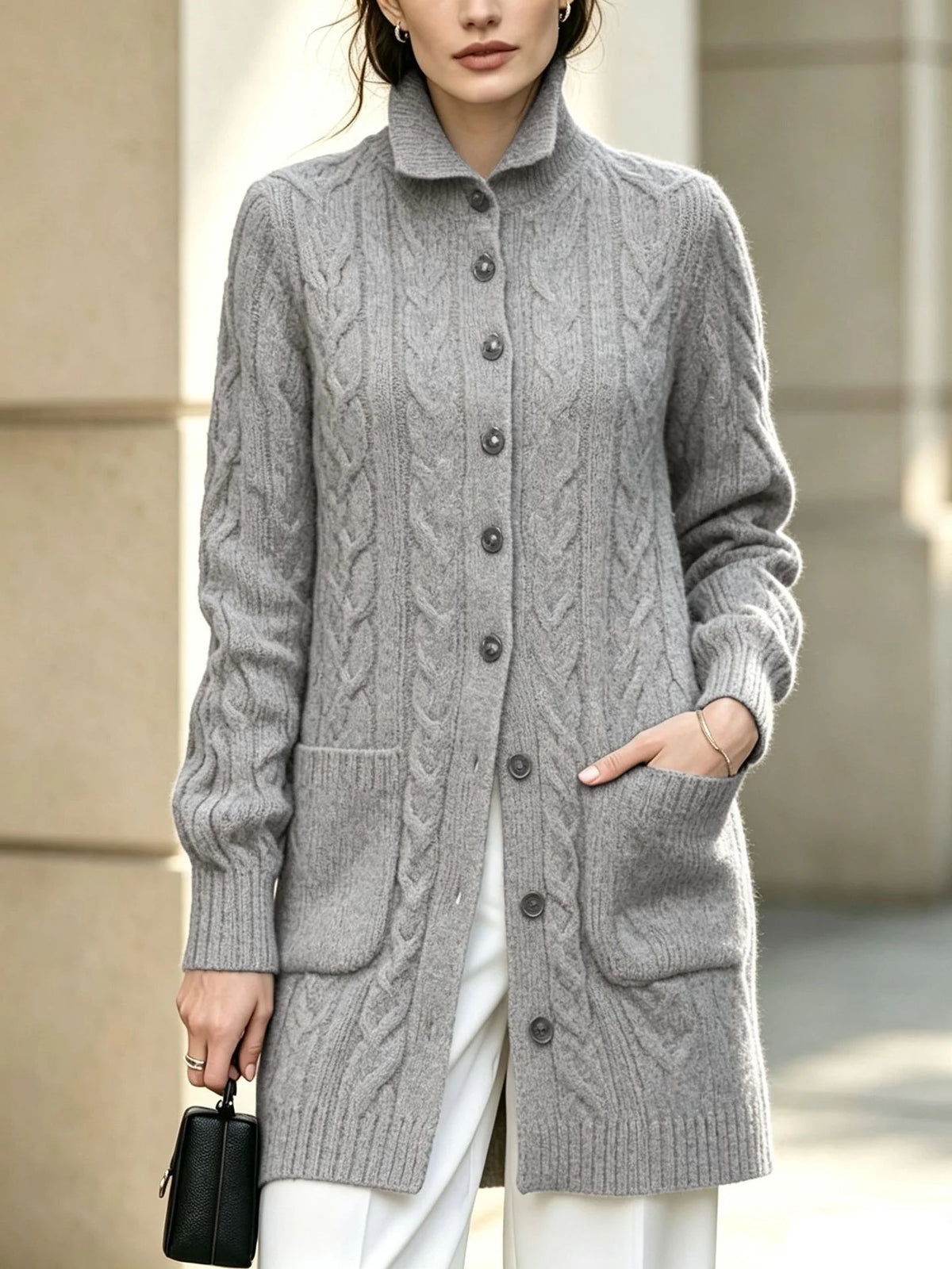 Women's Knit Cable Long Cardigan | Button Stand Collar Sweater