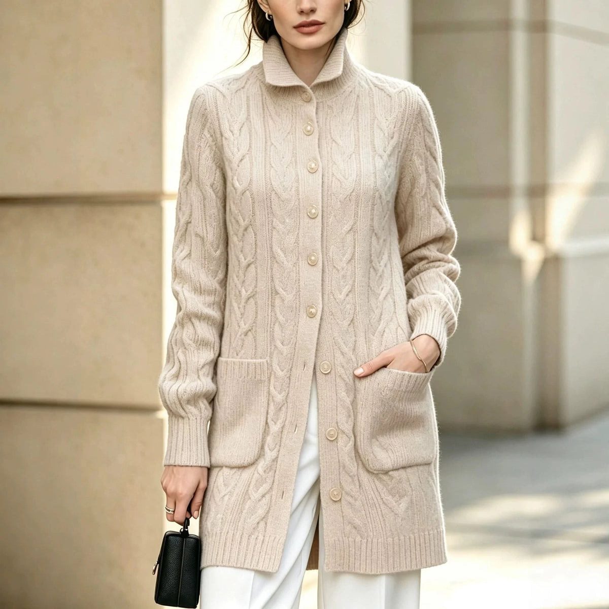 Women's Knit Cable Long Cardigan | Button Stand Collar Sweater