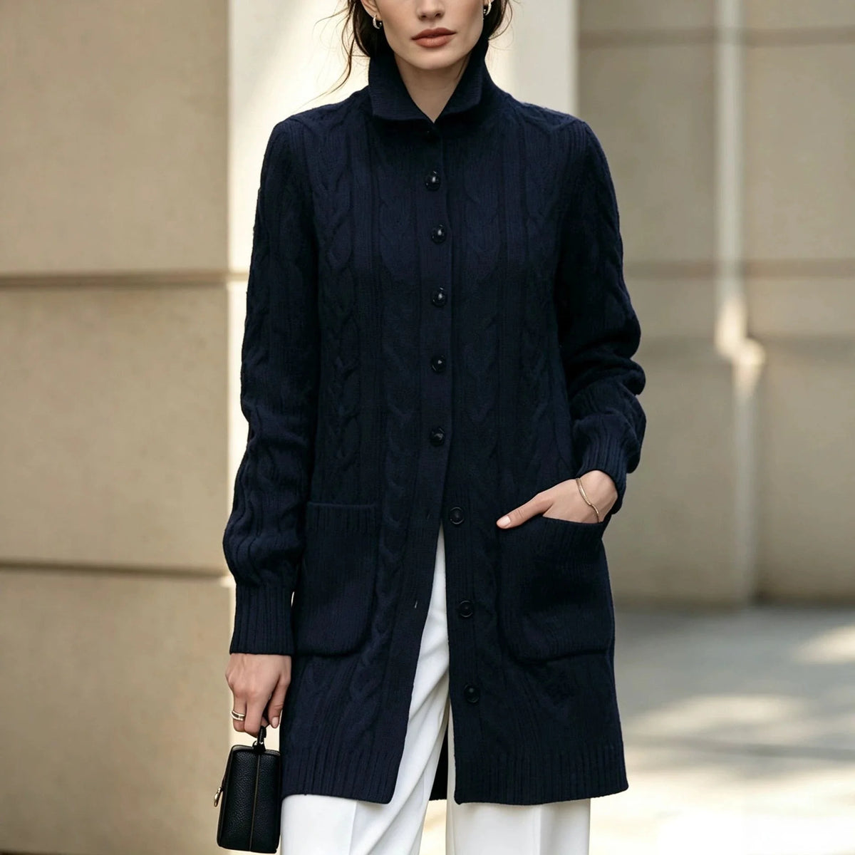 Women's Knit Cable Long Cardigan | Button Stand Collar Sweater