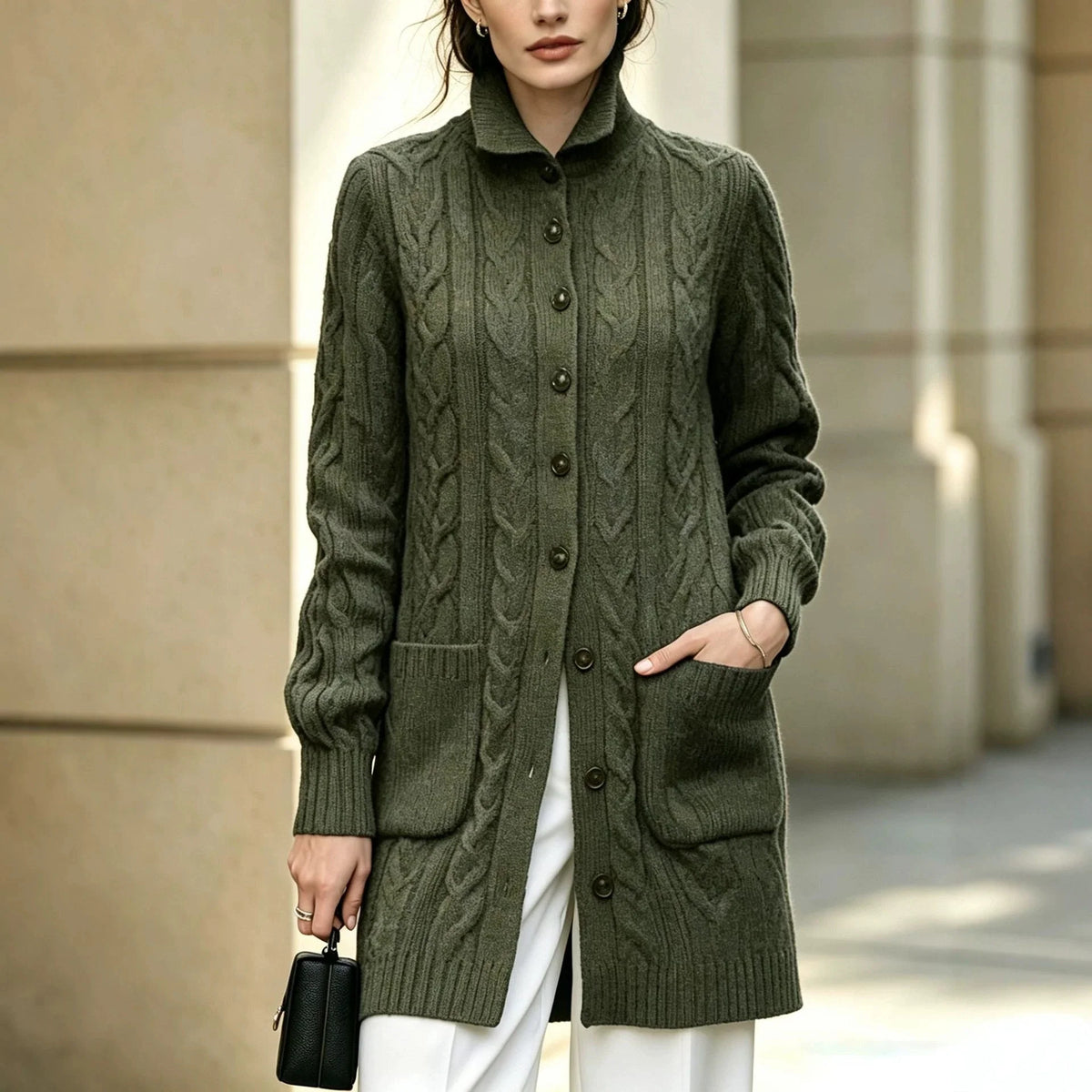 Women's Knit Cable Long Cardigan | Button Stand Collar Sweater