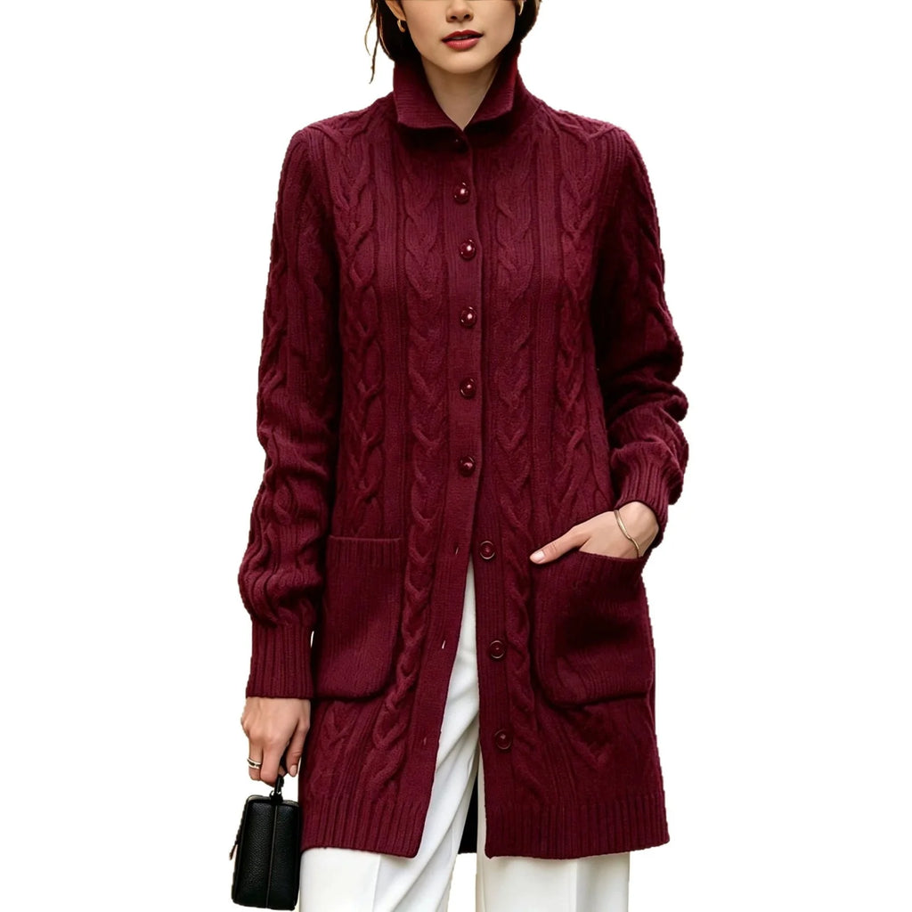 Women's Knit Cable Long Cardigan | Button Stand Collar Sweater