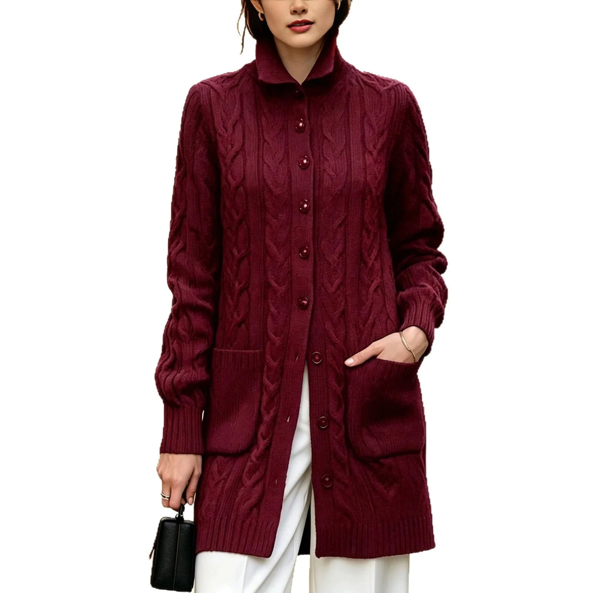 Women's Knit Cable Long Cardigan | Button Stand Collar Sweater