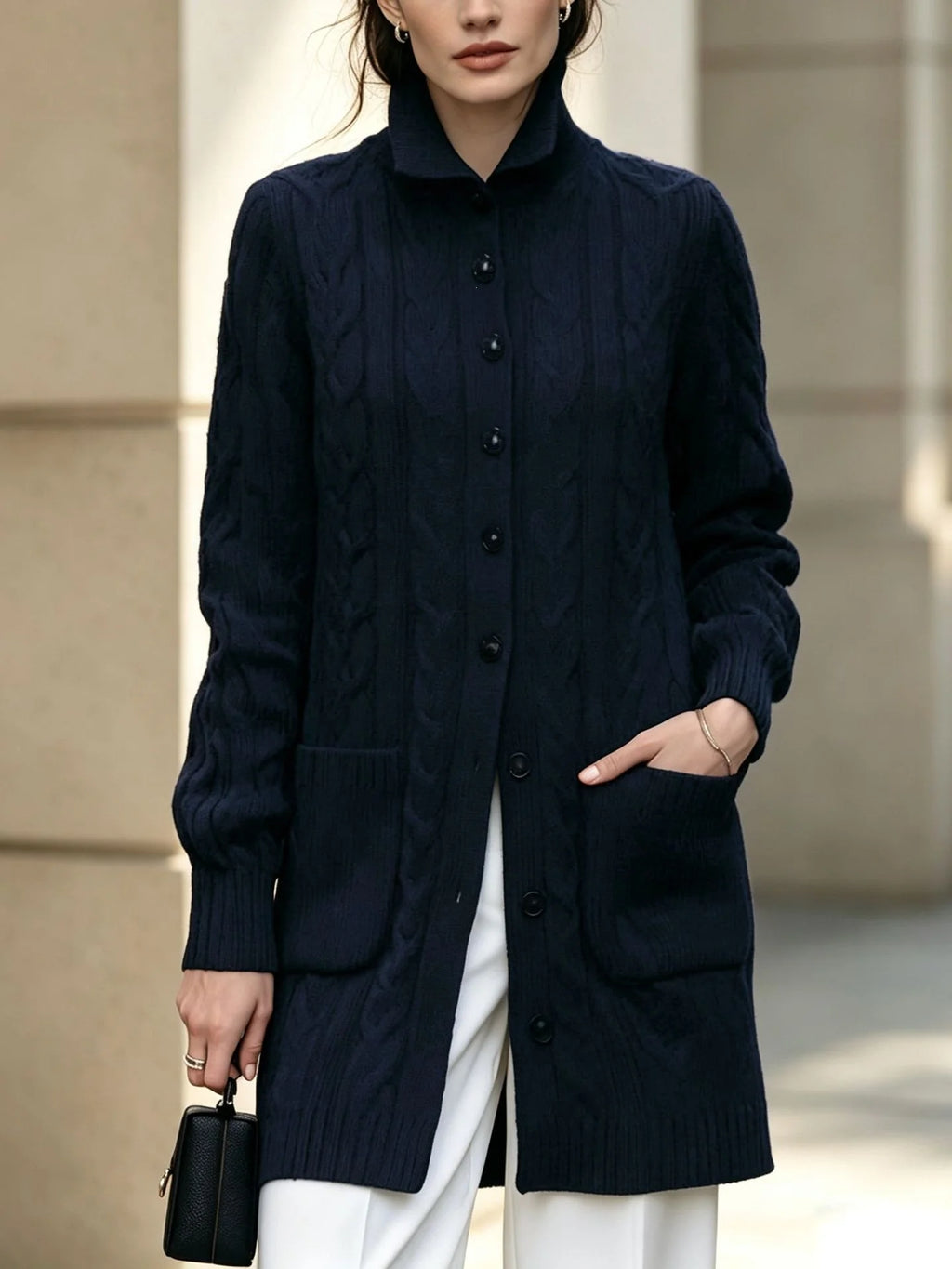 Women's Knit Cable Long Cardigan | Button Stand Collar Sweater