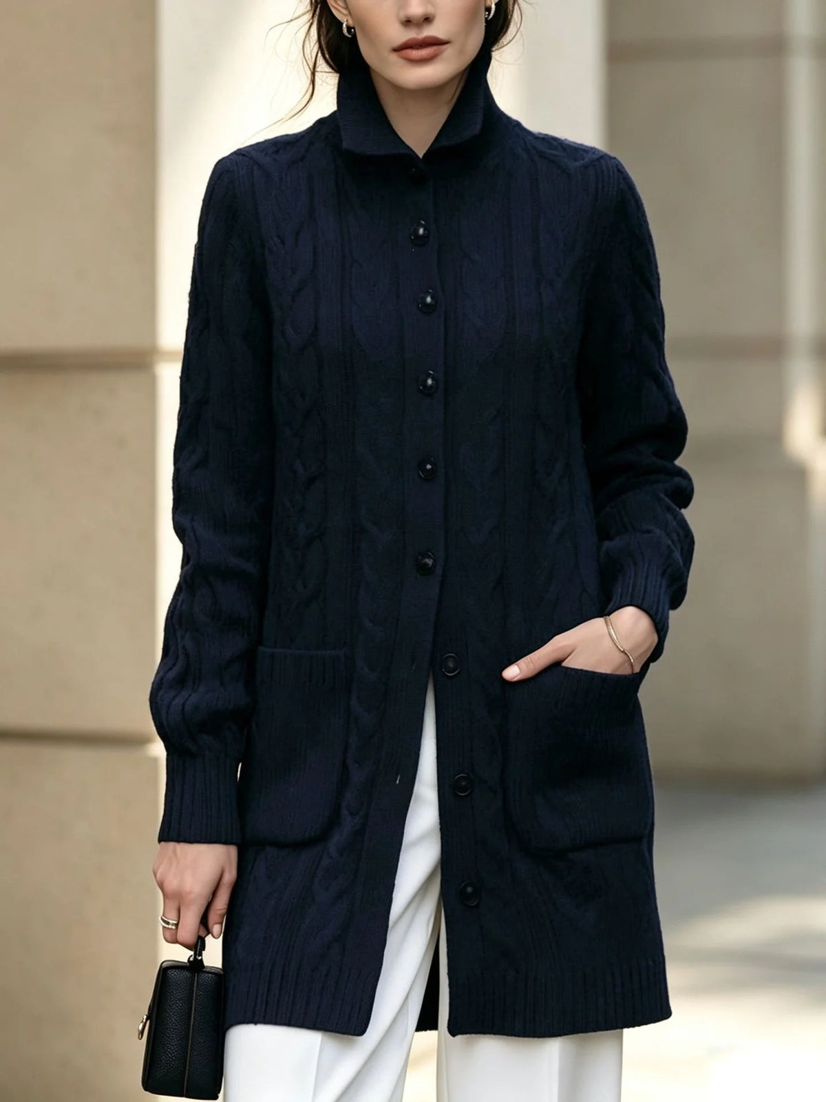 Women's Knit Cable Long Cardigan | Button Stand Collar Sweater