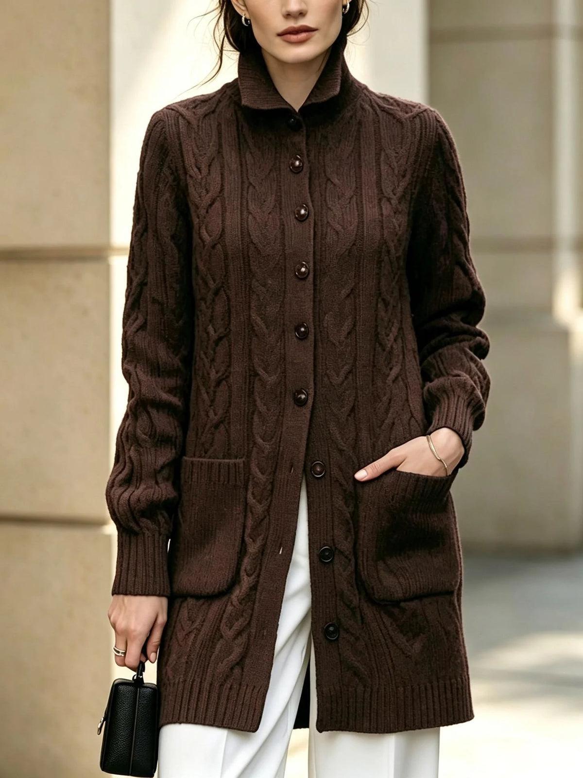 Women's Knit Cable Long Cardigan | Button Stand Collar Sweater