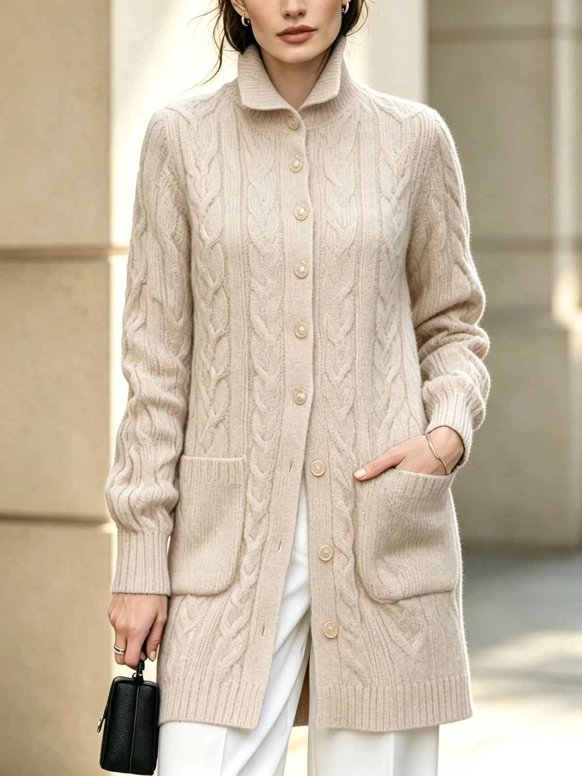 Women's Knit Cable Long Cardigan | Button Stand Collar Sweater