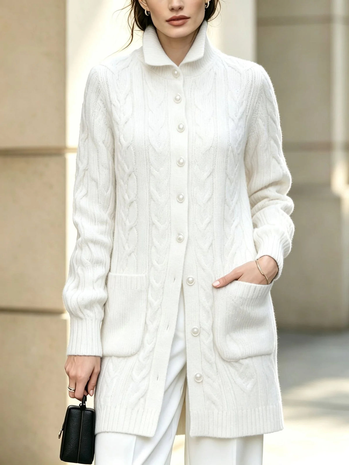 Women's Knit Cable Long Cardigan | Button Stand Collar Sweater