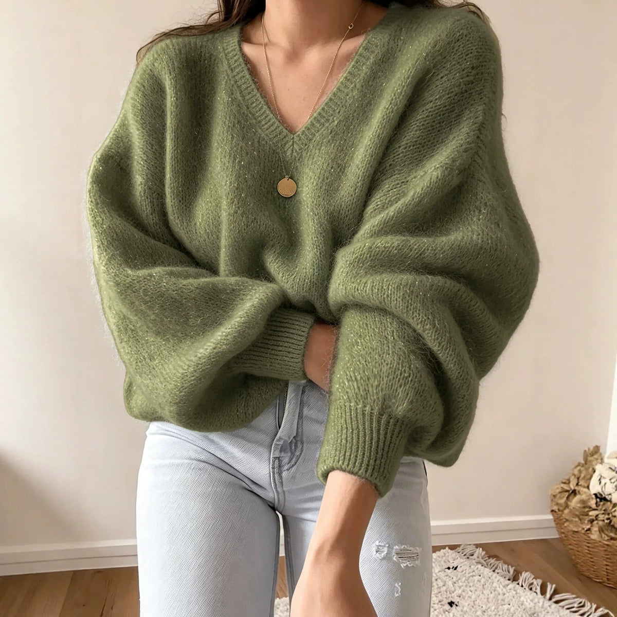 Women's Knit Pullover Sweater | Casual Lantern Sleeve Top