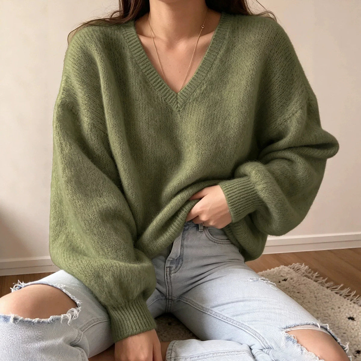 Women's Knit Pullover Sweater | Casual Lantern Sleeve Top