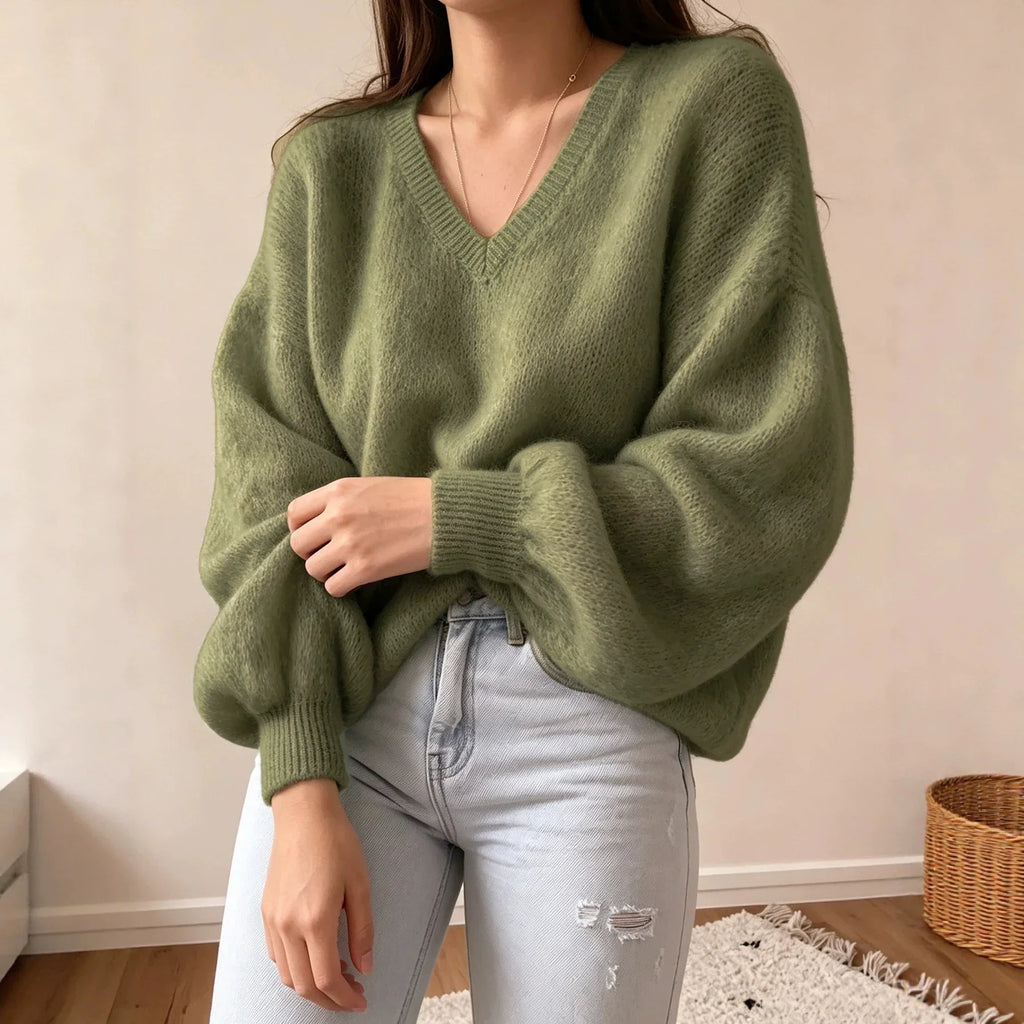 Women's Knit Pullover Sweater | Casual Lantern Sleeve Top
