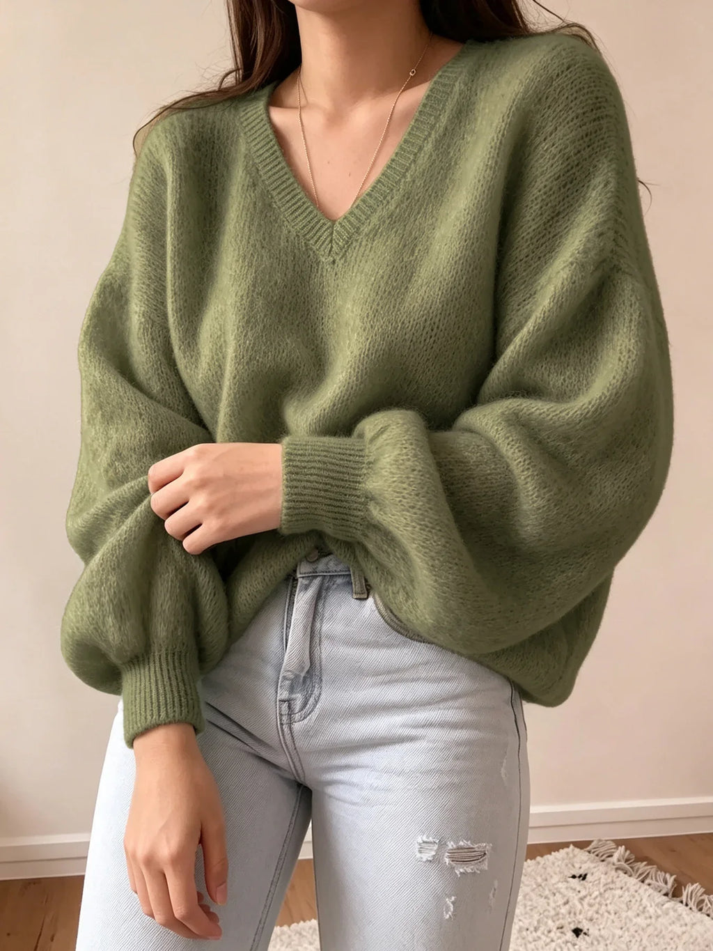 Women's Knit Pullover Sweater | Casual Lantern Sleeve Top