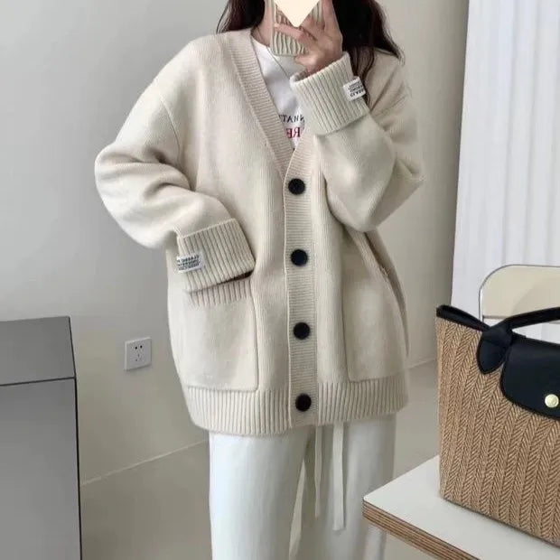 Women's Knit V-Neck Cardigan Sweater | Casual Loose Long Sleeve Button Top