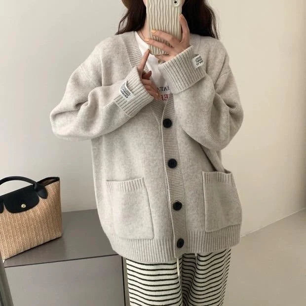 Women's Knit V-Neck Cardigan Sweater | Casual Loose Long Sleeve Button Top