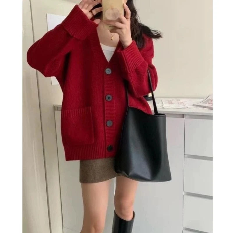 Women's Knit V-Neck Cardigan Sweater | Casual Loose Long Sleeve Button Top