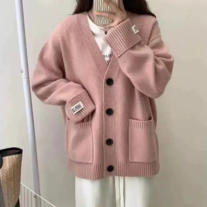 Women's Knit V-Neck Cardigan Sweater | Casual Loose Long Sleeve Button Top