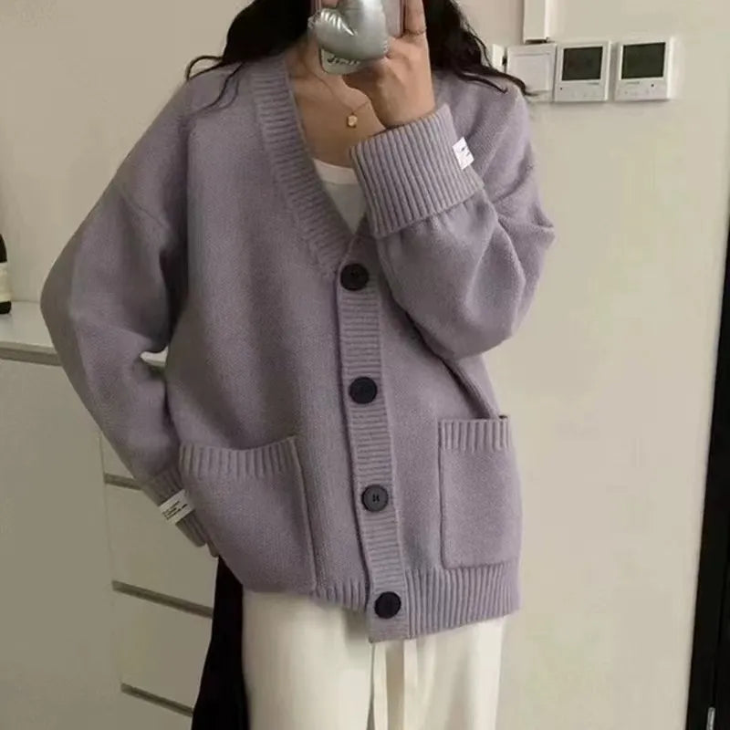 Women's Knit V-Neck Cardigan Sweater | Casual Loose Long Sleeve Button Top