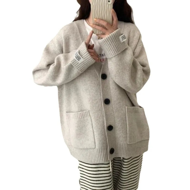 Women's Knit V-Neck Cardigan Sweater | Casual Loose Long Sleeve Button Top