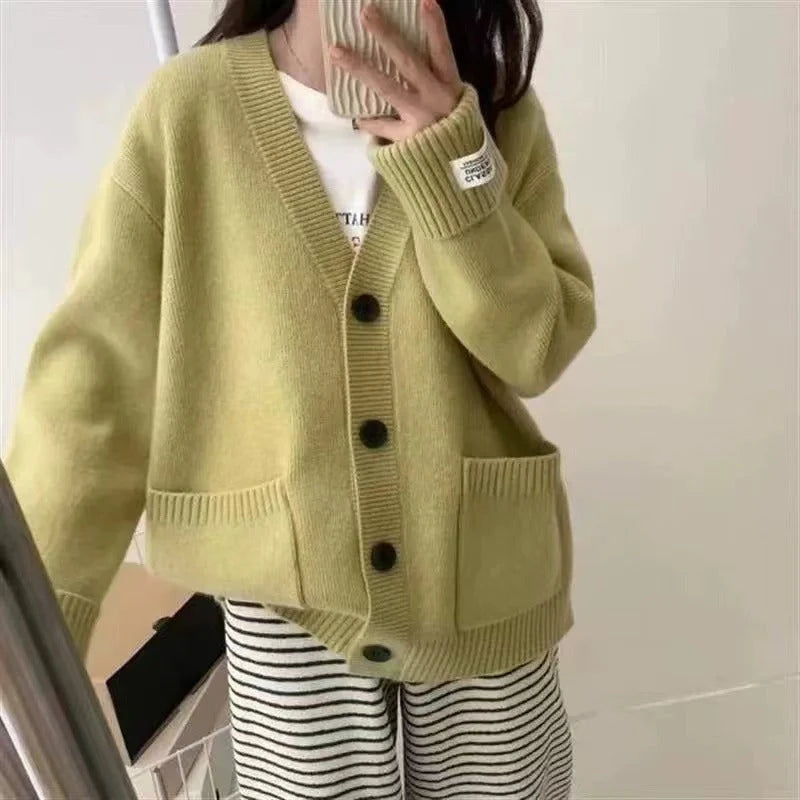 Women's Knit V-Neck Cardigan Sweater | Casual Loose Long Sleeve Button Top