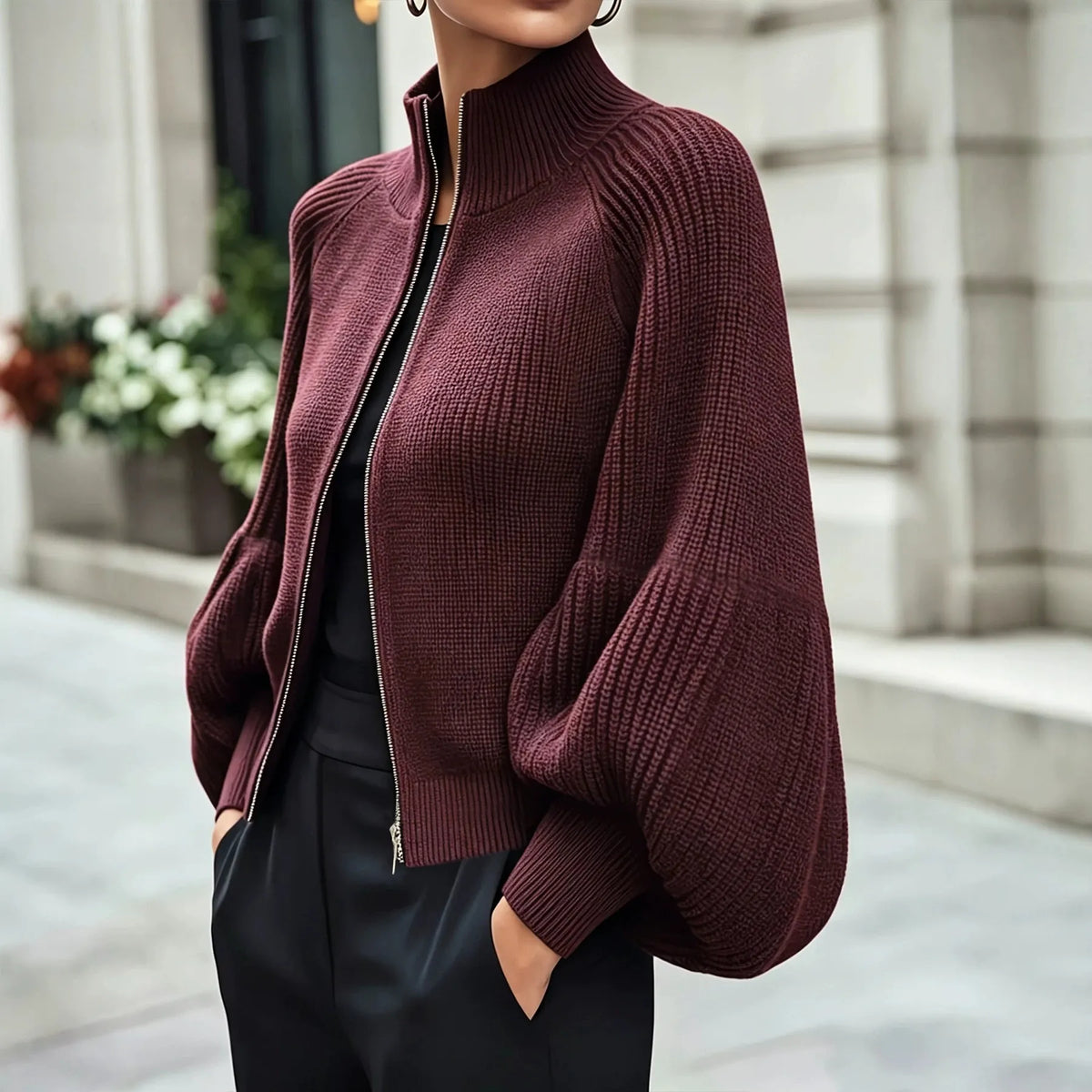 Women's Knit Winter Cardigan | Fluffy Zip-Up Lantern Sleeve Jacket
