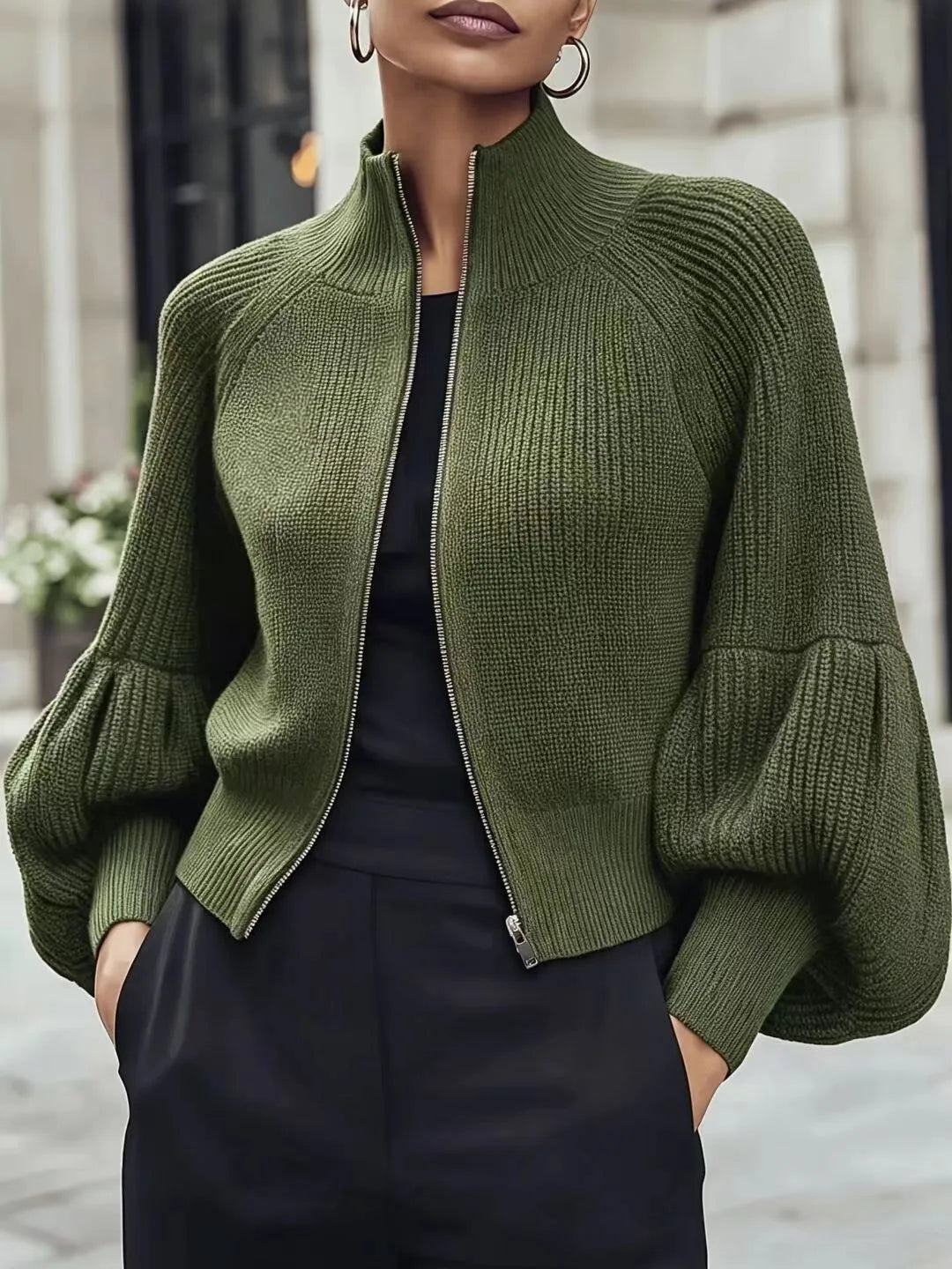 Women's Knit Winter Cardigan | Fluffy Zip-Up Lantern Sleeve Jacket