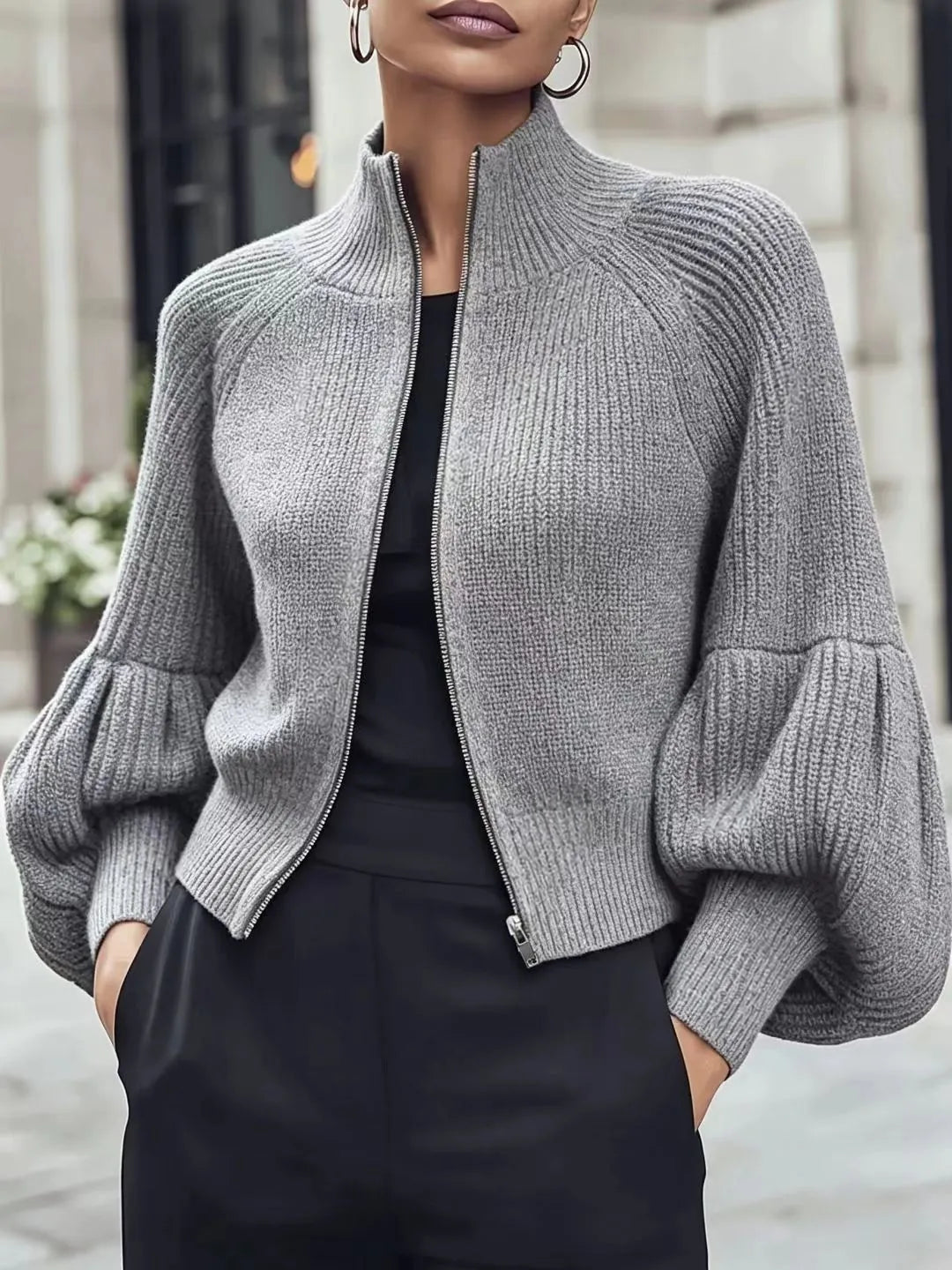 Women's Knit Winter Cardigan | Fluffy Zip-Up Lantern Sleeve Jacket
