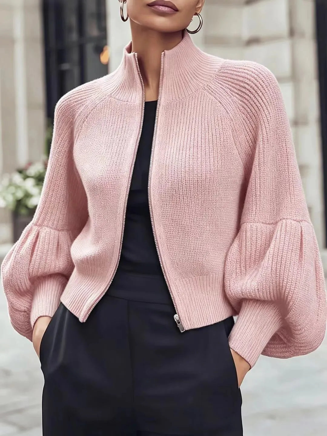 Women's Knit Winter Cardigan | Fluffy Zip-Up Lantern Sleeve Jacket