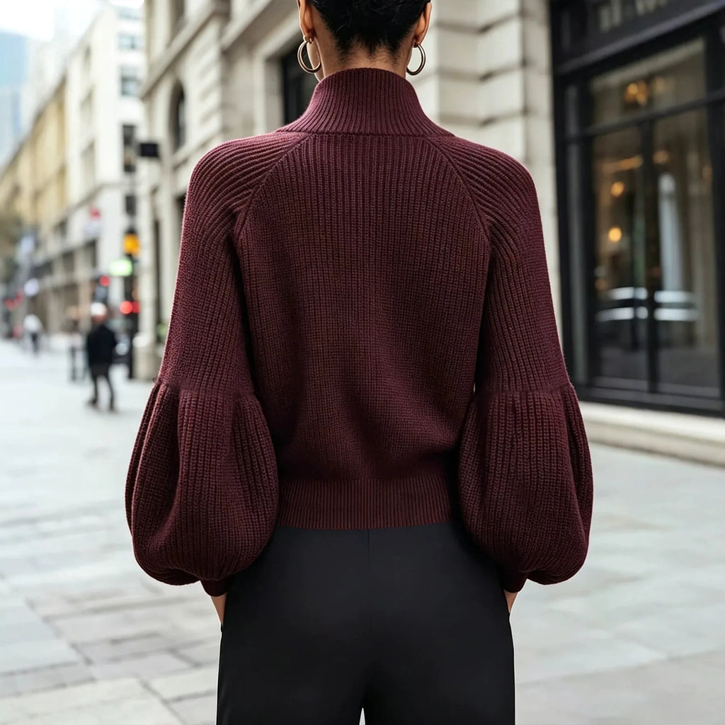 Women's Knit Winter Cardigan | Fluffy Zip-Up Lantern Sleeve Jacket