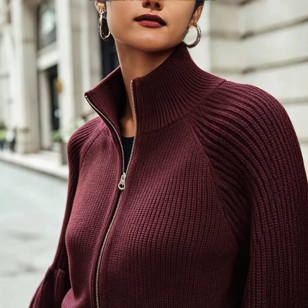 Women's Knit Winter Cardigan | Fluffy Zip-Up Lantern Sleeve Jacket
