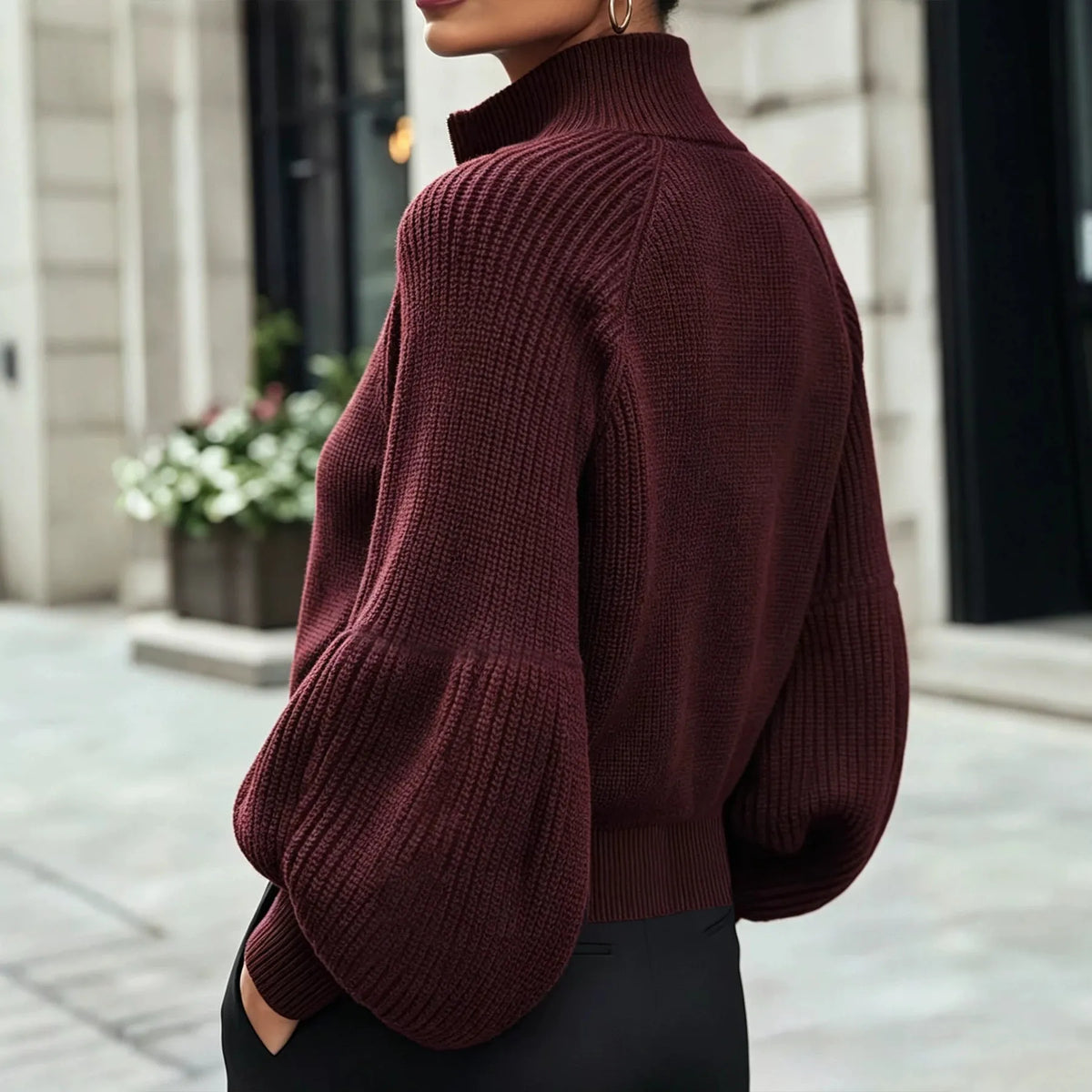 Women's Knit Winter Cardigan | Fluffy Zip-Up Lantern Sleeve Jacket