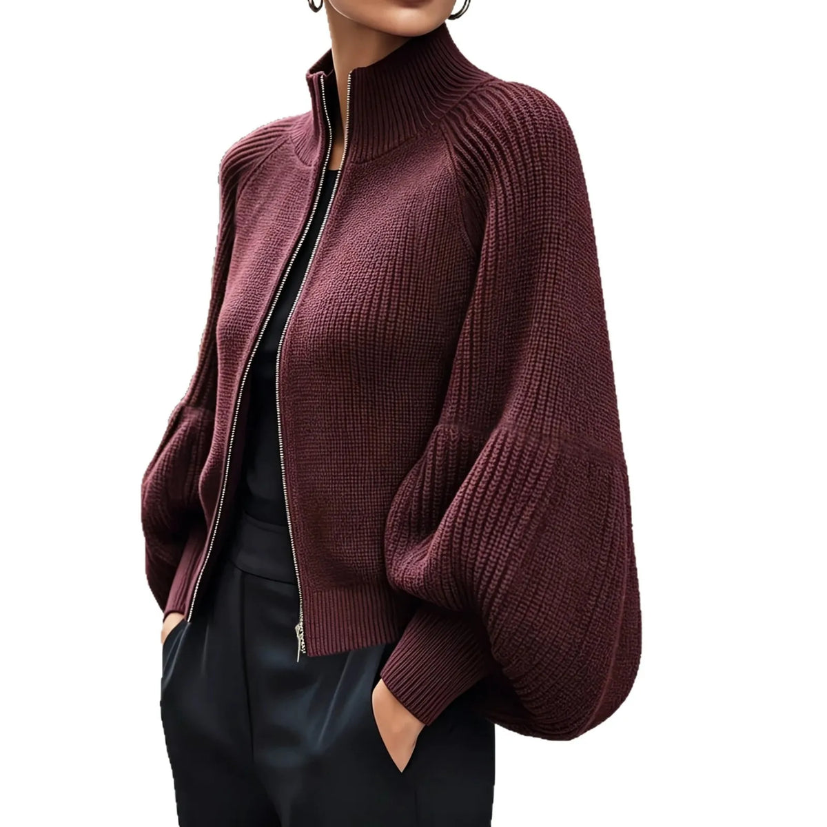 Women's Knit Winter Cardigan | Fluffy Zip-Up Lantern Sleeve Jacket