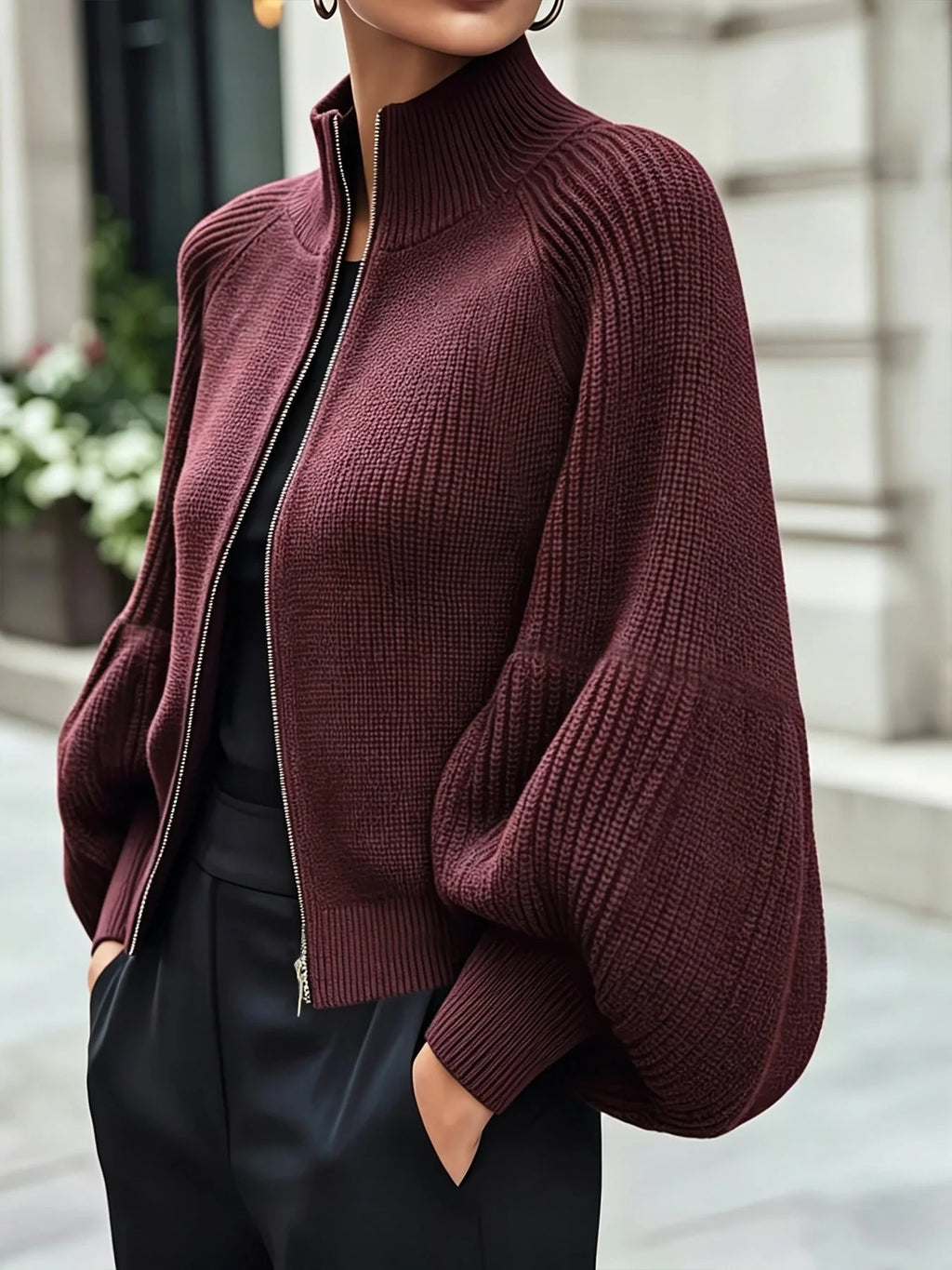 Women's Knit Winter Cardigan | Fluffy Zip-Up Lantern Sleeve Jacket