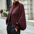Women's Knit Winter Cardigan | Fluffy Zip-Up Lantern Sleeve Jacket