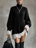 Women's Lace Knitted Autumn Dress | Elegant Lantern Sleeve Pullover