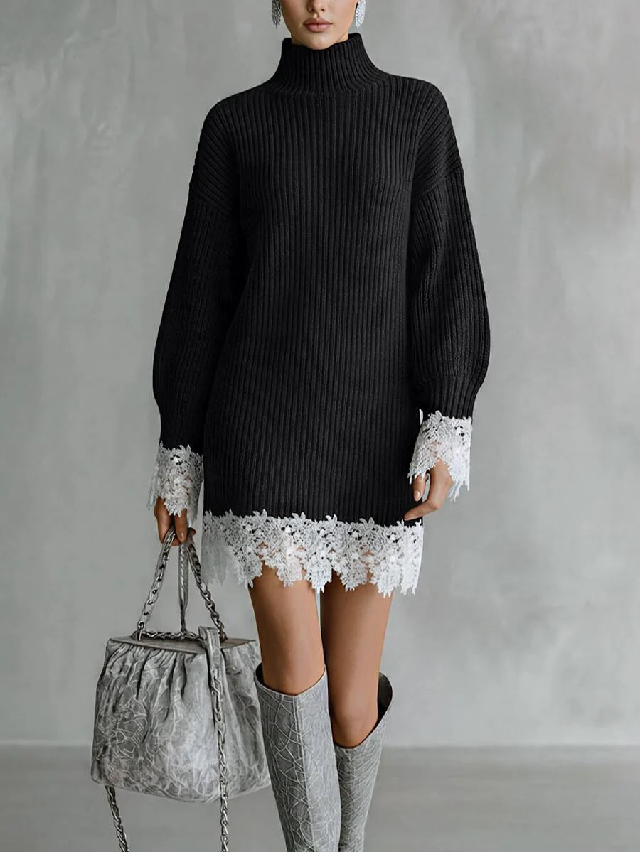Women's Lace Knitted Autumn Dress | Elegant Lantern Sleeve Pullover